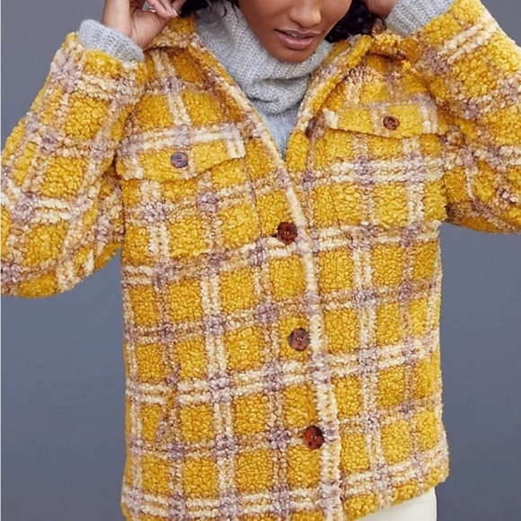 Driftwood Ryan Plaid Sherpa Teddy Jacket Women’s Gold Size Medium Button Front - Picture 1 of 11
